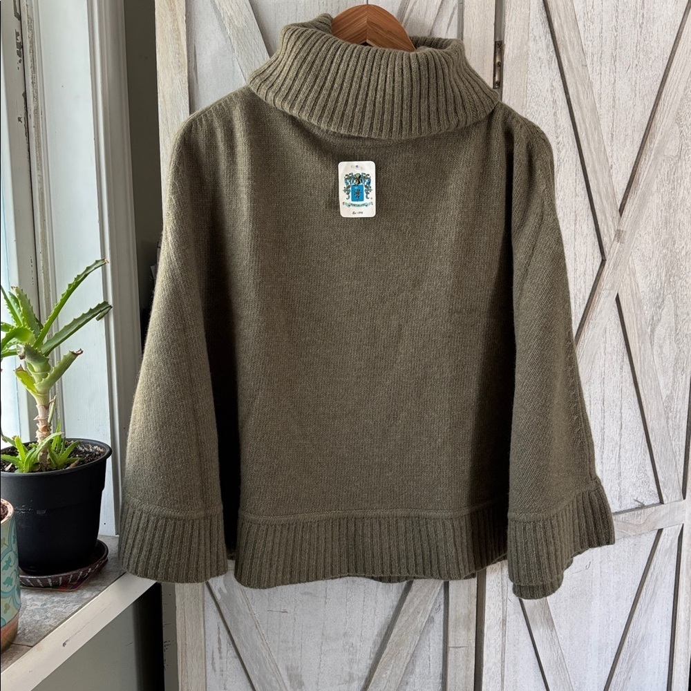 Portolano Lambs Wool & Angora Turtleneck Poncho - Olive Green